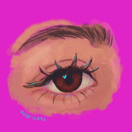 Illustration of a brown eye on a fuchsia background